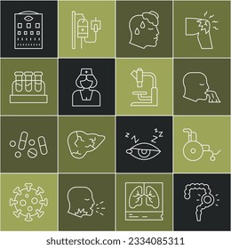 Set line Gut constipation, Wheelchair, Vomiting man, High human body temperature, Nurse, Test tube with blood, Eye test chart and Microscope icon. Vector