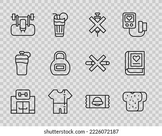 Fijar la línea del edificio de gimnasia, tostada de pan, sin jeringa para dopaje, traje de pista deportivo, banco con barbel, Kettlebell, nutrición deportiva e ícono de libro médico. Vector