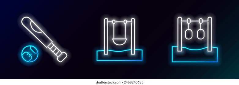 Set line Gymnastic rings, Baseball bat with ball and Swing icon. Glowing neon. Vector