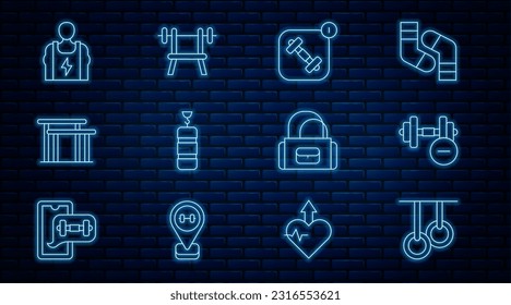 Set line Gymnastic rings, Dumbbell, Fitness app, Punching bag, Uneven bars, Bodybuilder, Sport and Bench with barbell icon. Vector