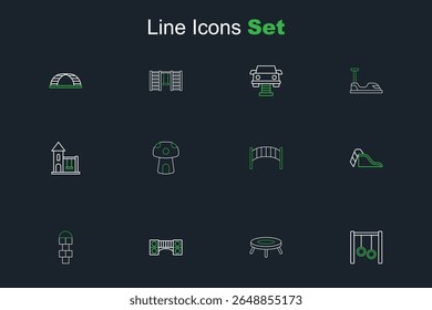 Set line Gymnastic rings, Jumping trampoline, Playground kids bridge, Hopscotch, Slide playground, Mushroom house and Swing for icon. Vector