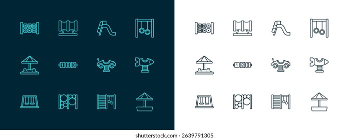 Set line Gymnastic rings, Playground climbing equipment, Swing car, Swedish wall, Education logic game, Slide playground,  and Kid slide pipe icon. Vector