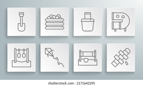 Set line Gymnastic rings, Pool with balls, Kite, Volleyball net, Sand bucket, Kid playground slide pipe and Shovel toy icon. Vector