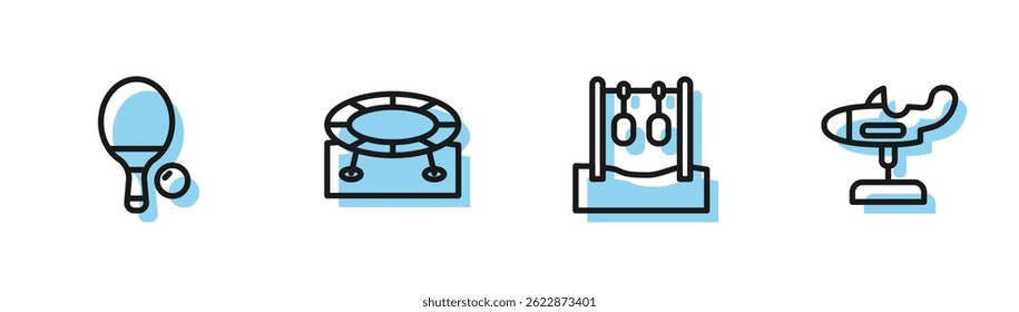 Definir linha Anéis de ginástica, Raquete e bola, Salto trampolim e Swing ícone plano. Vetor