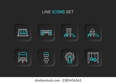 Set line Gymnastic rings, Swing for kids, Hopscotch, Jumping trampoline, Slide playground, Playground bridge and Swings icon. Vector