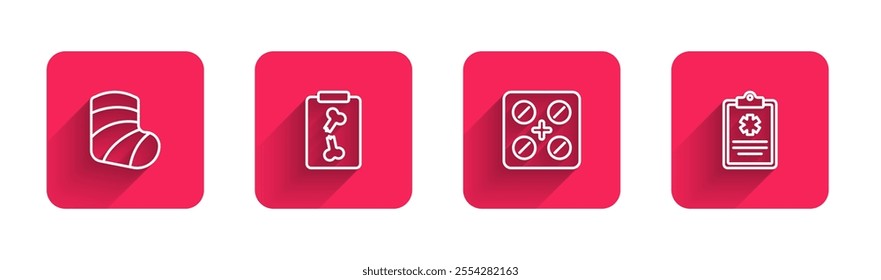 Set line Gypsum, X-ray shots, Pills in blister pack and Clinical record with long shadow. Red square button. Vector