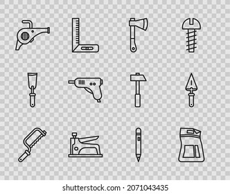 Set line Hacksaw, Cement bag, Wooden axe, Construction stapler, Leaf garden blower, Electric hot glue gun, Pencil with eraser and Trowel icon. Vector