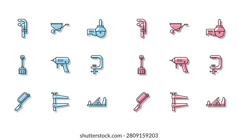 Set line Hacksaw, Clamp tool, Wood plane, Electric drill machine, and screw, Snow shovel and Wheelbarrow icon. Vector