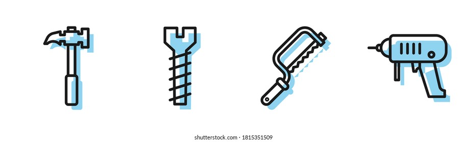Set line Hacksaw, Claw hammer, Metallic screw and Electric drill machine icon. Vector