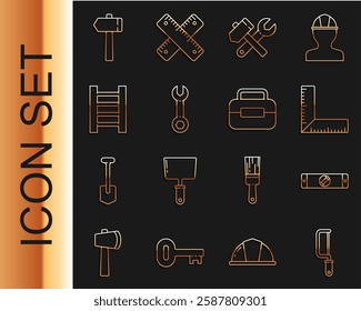 Set line Hacksaw, Construction bubble level, Corner ruler, Hammer and wrench spanner, Wrench, Wooden staircase,  and Toolbox icon. Vector