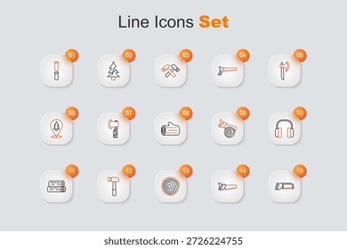 Set line Hacksaw, Hand, Tree rings, Hammer, Wooden log, Headphones,  and  icon. Vector