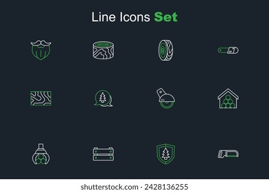Set line Hacksaw, Shield with tree, Wooden box, Grapple crane grabbed log, logs, Electric circular, Tree and beam icon. Vector