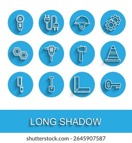 Set line Hacksaw, Shovel, Angle grinder, Corner ruler, Old key, Electric rotary hammer drill, Traffic cone and Wooden axe icon. Vector