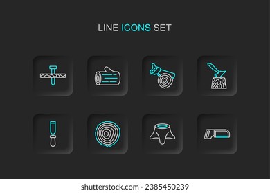 Set line Hacksaw, Tree stump, rings, Chisel tool, Wooden axe, Hand and log,  and Metallic nail icon. Vector