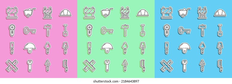 Set line Hacksaw, Trowel, Shovel, Road barrier, Old key, Angle grinder,  and Hammer icon. Vector