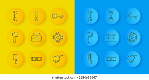 Set line Hacksaw, Wooden axe, Toolbox, Shovel, Circular blade, Wrench spanner, Old key and  icon. Vector