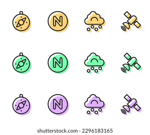 Set line Hail cloud, Compass, north and Satellite icon. Vector