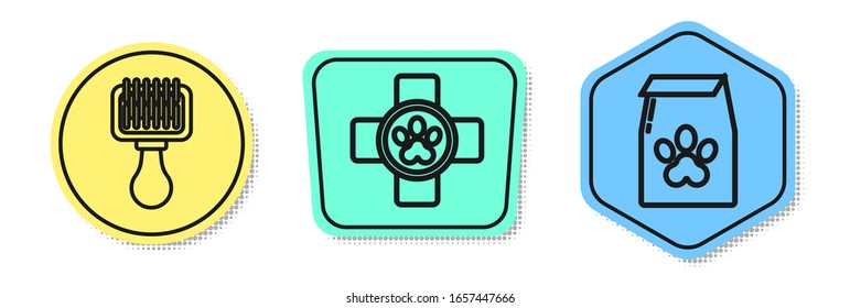 Set line Hair brush for dog and cat, Veterinary clinic symbol and Bag of food for pet. Colored shapes. Vector