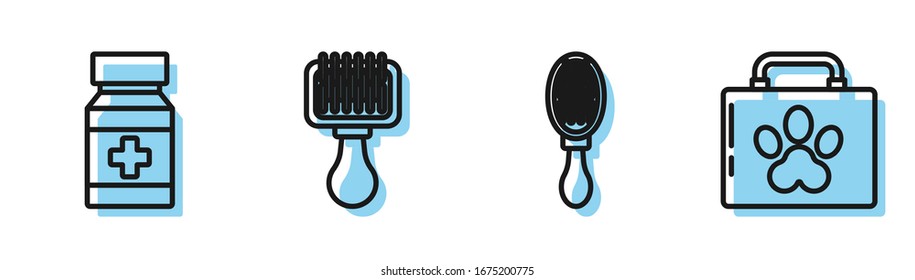 Set line Hair brush for dog and cat, Dog medicine bottle and pills, Hair brush for dog and cat and Pet first aid kit icon. Vector
