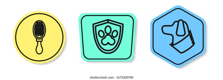 Set line Hair brush for dog and cat, Animal health insurance and Dog. Colored shapes. Vector