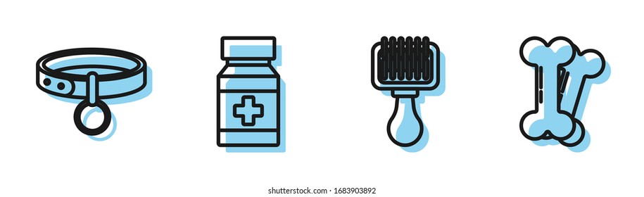Set line Hair brush for dog and cat, Collar with name tag, Dog medicine bottle and pills and Dog bone icon. Vector