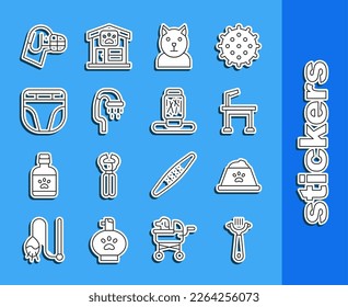 Set line Hair brush for dog and cat, Pet food bowl, grooming table, Cat, shower, Diaper, Dog muzzle and scratching post icon. Vector