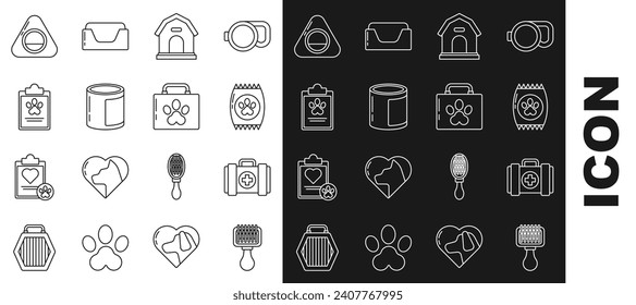 Set line Hair brush for dog and cat, Pet first aid kit, Bag of food pet, Dog house, Canned, Clipboard with medical clinical record, bed and  icon. Vector