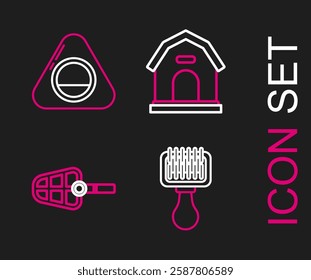 Set line Hair brush for dog and cat, Dog muzzle, house and Pet bed icon. Vector