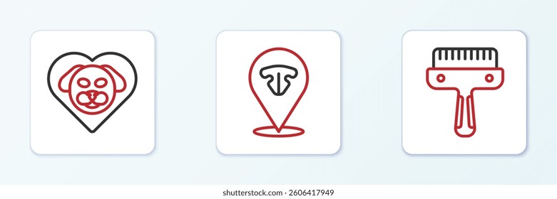 Set line Hair brush for dog and cat, Heart with and Cat nose icon. Vector