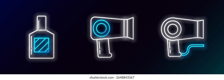 Set line Hair dryer, Aftershave and  icon. Glowing neon. Vector