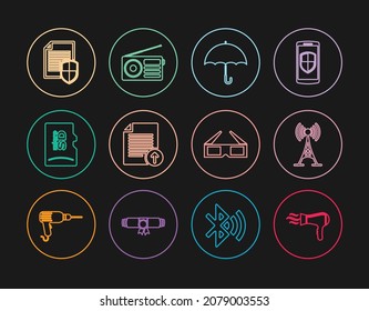 Set line Hair dryer, Antenna, Umbrella, Upload file, Micro SD memory card, Document protection, 3D cinema glasses and Radio icon. Vector