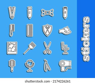 Set line Hair dryer, Barbershop chair, Shaving gel foam on hand, Bow tie, Hairbrush, Curling iron for and Scissors hairdresser shield icon. Vector