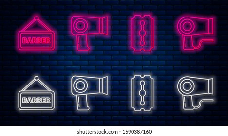 Set line Hair dryer, Blade razor, Barbershop and Hair dryer. Glowing neon icon on brick wall. Vector