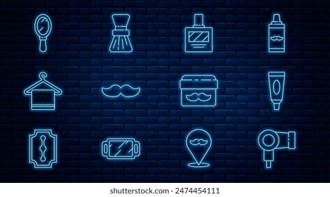 Set line Hair dryer, Cream or lotion cosmetic tube, Aftershave, Mustache, Towel hanger, Hand mirror, jar and Shaving brush icon. Vector