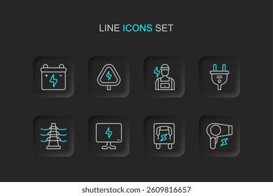 Set line Hair dryer, Electrical panel, Smart Tv, tower line, plug, Electrician, High voltage and Car battery icon. Vector