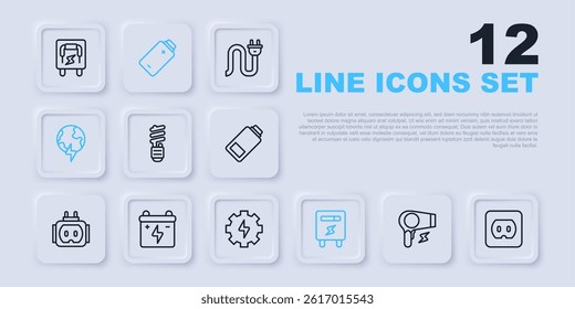 Set line Hair dryer, Electrical outlet, LED light bulb, meter, Global planet with thunderbolt, Car battery, Battery charge and Gear and lightning icon. Vector
