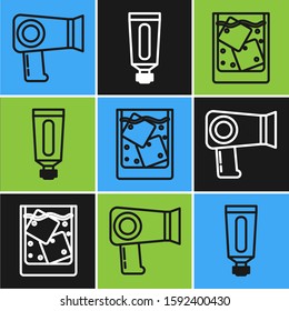 Set line Hair dryer, Glass of whiskey and ice cubes and Cream or lotion cosmetic tube icon. Vector