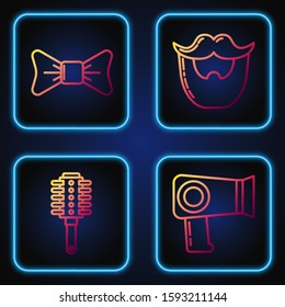 Set line Hair dryer, Hairbrush, Bow tie and Mustache and beard. Gradient color icons. Vector