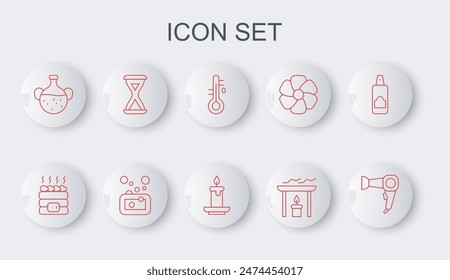 Set line Hair dryer, Hot sauna stones, Sauna thermometer, Aroma candle, Essential oil bottle, hourglass, Bar of soap and  icon. Vector