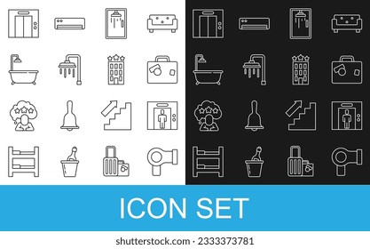 Set line Hair dryer, Lift, Suitcase, Shower cabin, Bathtub with shower,  and Hotel building icon. Vector