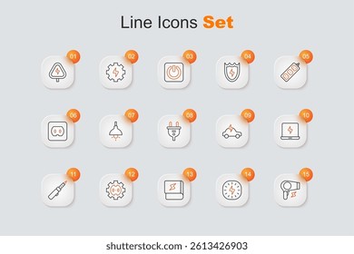 Set line Hair dryer, Lightning bolt, Book about electricity, Electrical outlet, Soldering iron, Laptop, car and plug icon. Vector