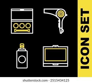 Set line Hair dryer, Makeup powder with mirror, Spray can and Eye shadow palette icon. Vector