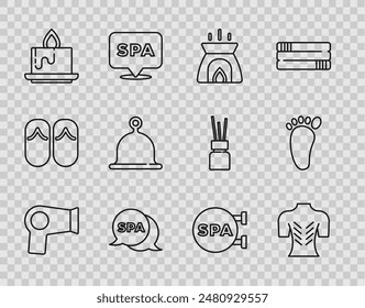 Set line Hair dryer, Massage, Aroma candle, Spa salon, Sauna hat,  and Foot massage icon. Vector