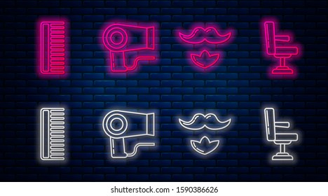 Set line Hair dryer, Mustache and beard, Hairbrush and Barbershop chair. Glowing neon icon on brick wall. Vector