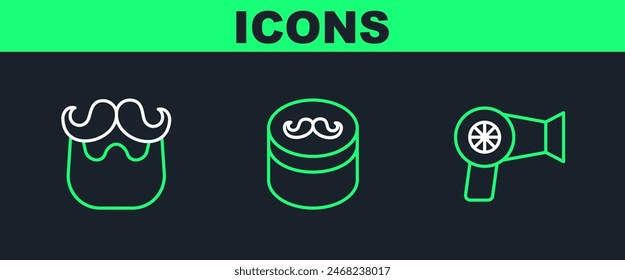 Set line Hair dryer, Mustache and beard and Gel or wax for hair styling icon. Vector