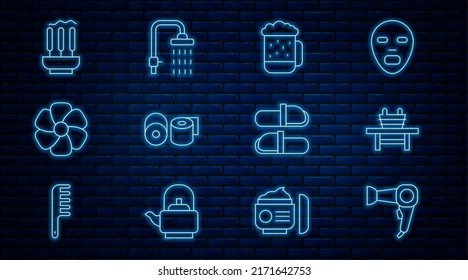 Set line Hair dryer, Sauna bench with bucket, Wooden beer mug, Toilet paper roll, Flower, Incense sticks, slippers and Shower icon. Vector