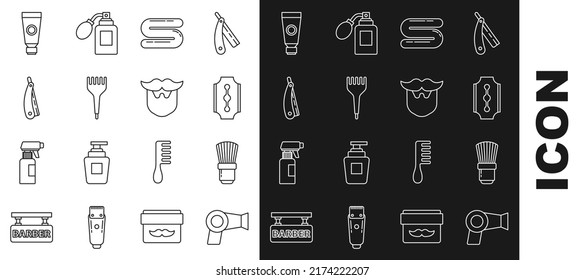 Set line Hair dryer, Shaving brush, Blade razor, Towel, Hairbrush, Straight, Cream lotion cosmetic tube and Mustache and beard icon. Vector