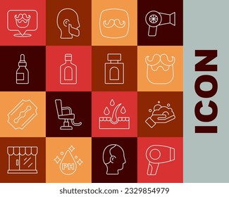 Set line Hair dryer, Shaving foam on hand, Mustache beard, Barbershop, Bottle of shampoo, Oil bottle,  and Aftershave icon. Vector