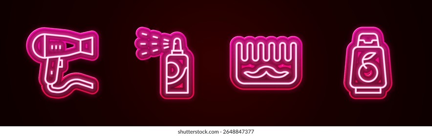 Definir linha Secador de cabelo, Lata de pulverização para spray de cabelo, Escova de cabelo e Garrafa de xampu. Ícone de néon brilhante. Vetor