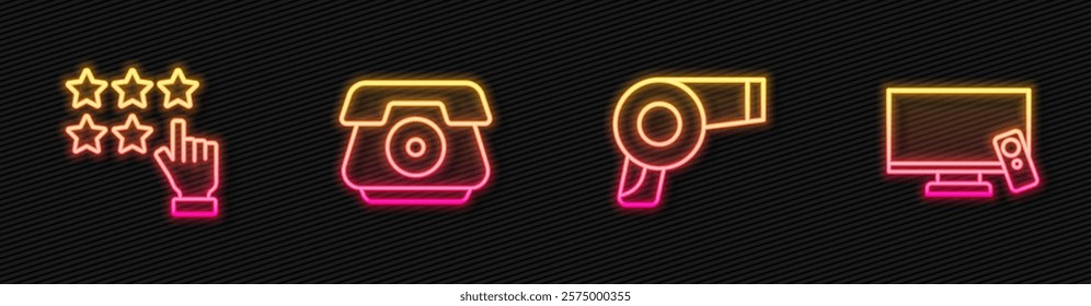 Set line Hair dryer, Stars rating, Telephone handset and Smart Tv. Glowing neon icon. Vector